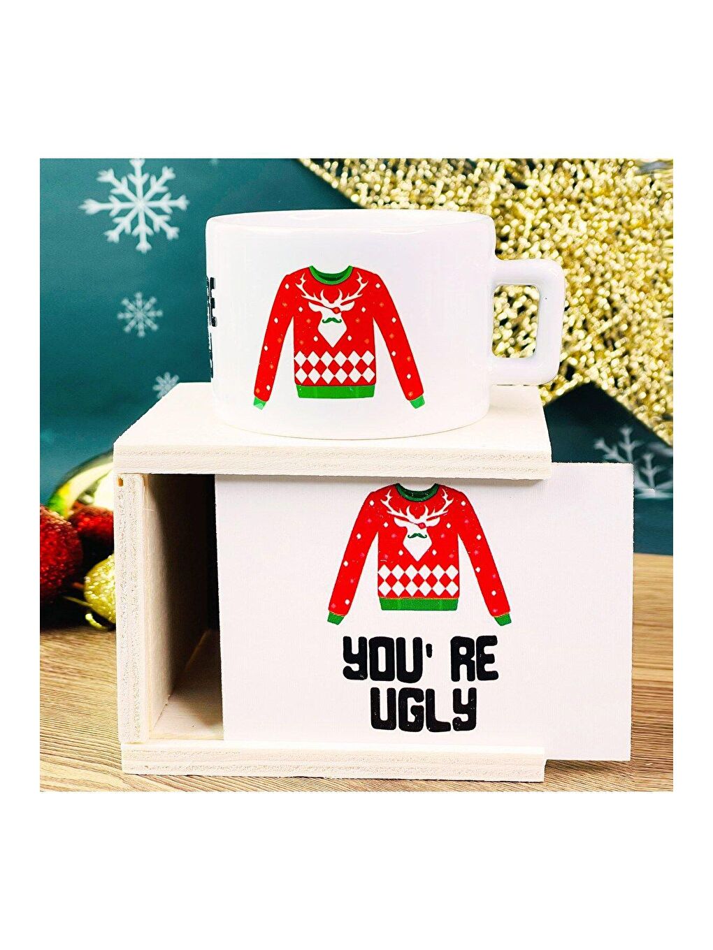 Karışık You re Ugly Yılbaşı Tasarımlı Kutulu Kupa-1