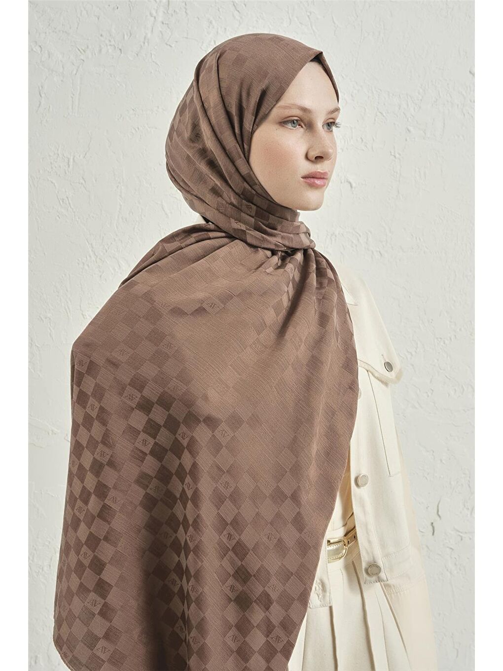 Kahverengi Elegance İpek Pamuk Dama Şal 11-1