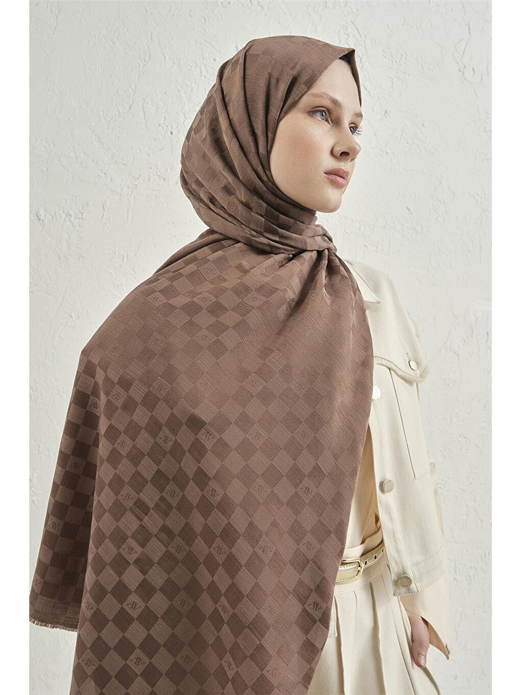 Kahverengi Elegance İpek Pamuk Dama Şal 11-2