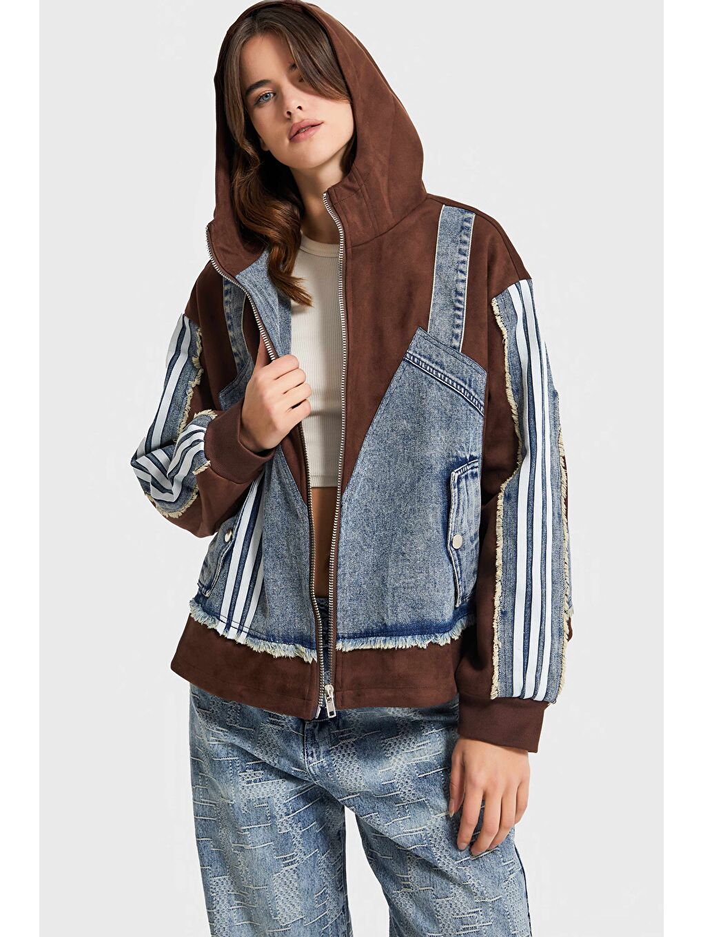 Kahverengi Kadın Kahve Jean Rengi Çift Parça Şerit Detaylı Özel Tasarım Denim Ceket-3