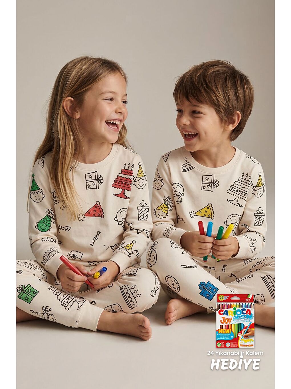 Ekru Boyanabilir Doğum Günü Temalı Çocuk Pijama Takımı – Yıkanabilir 24-Lü Kalem Hediyeli-2