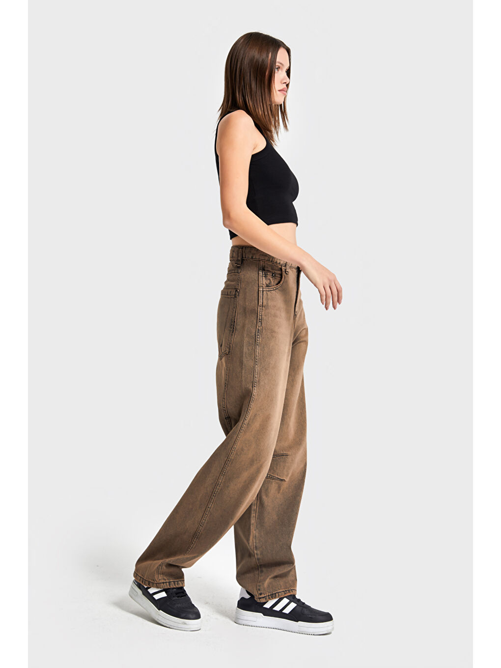 Kahverengi Kadın Taşlanmış Kahve Renk 4w5-88 Baggy Fit Bol Kesim Denim Jean-4
