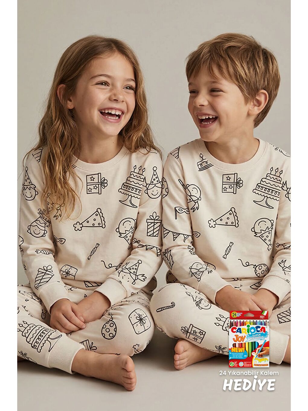 Ekru Boyanabilir Doğum Günü Temalı Çocuk Pijama Takımı – Yıkanabilir 24-Lü Kalem Hediyeli-3