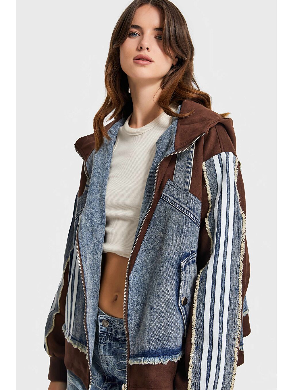 Kahverengi Kadın Kahve Jean Rengi Çift Parça Şerit Detaylı Özel Tasarım Denim Ceket-4