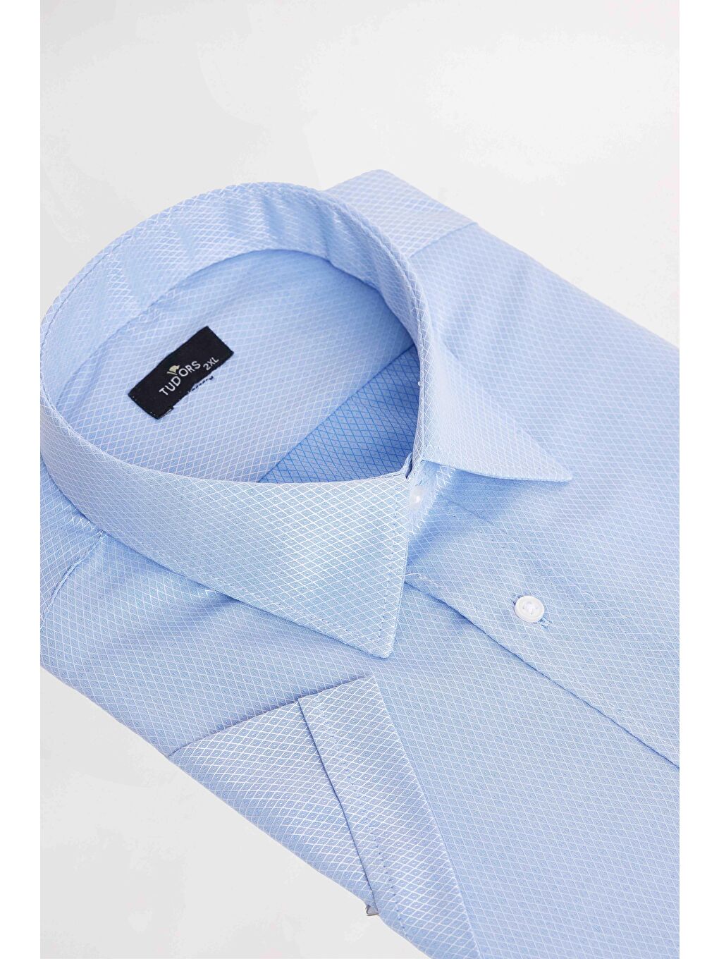 Erkek Big Size Büyük Beden Kısa Kollu Pamuklu Tek Cepli Armürlü Mavi Gömlek-1