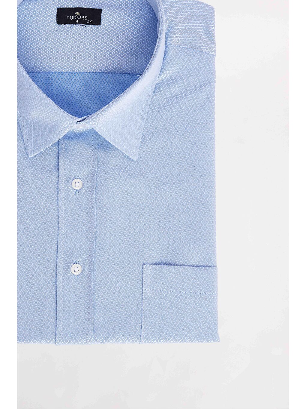 Erkek Big Size Büyük Beden Kısa Kollu Pamuklu Tek Cepli Armürlü Mavi Gömlek-2