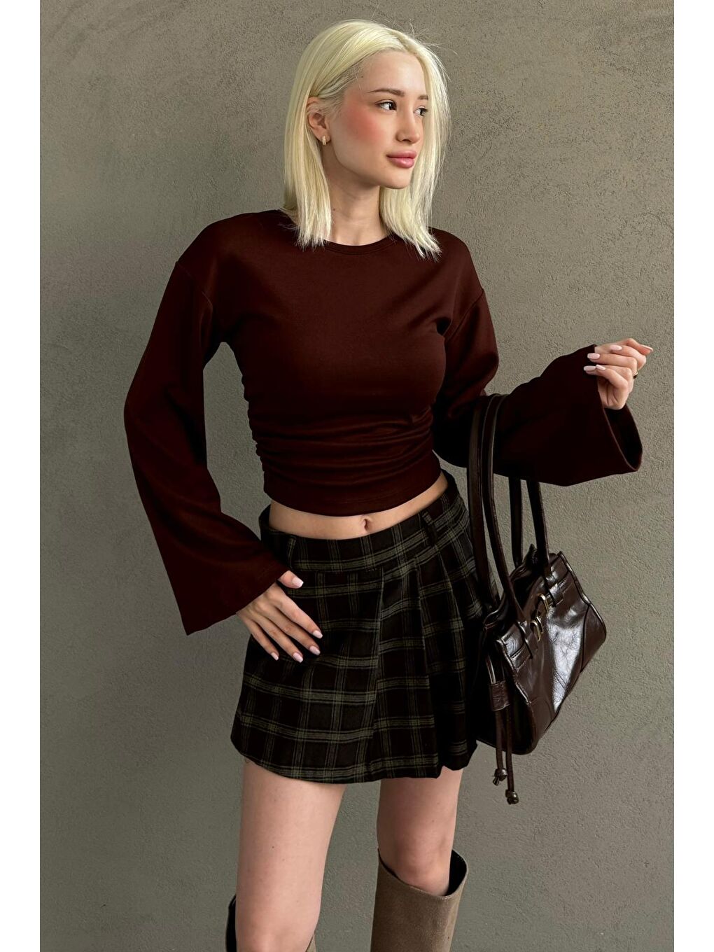 Kahverengi %100 Pamuklu Ekose Desen Pileli Mini Şort Etek Mg2629-9