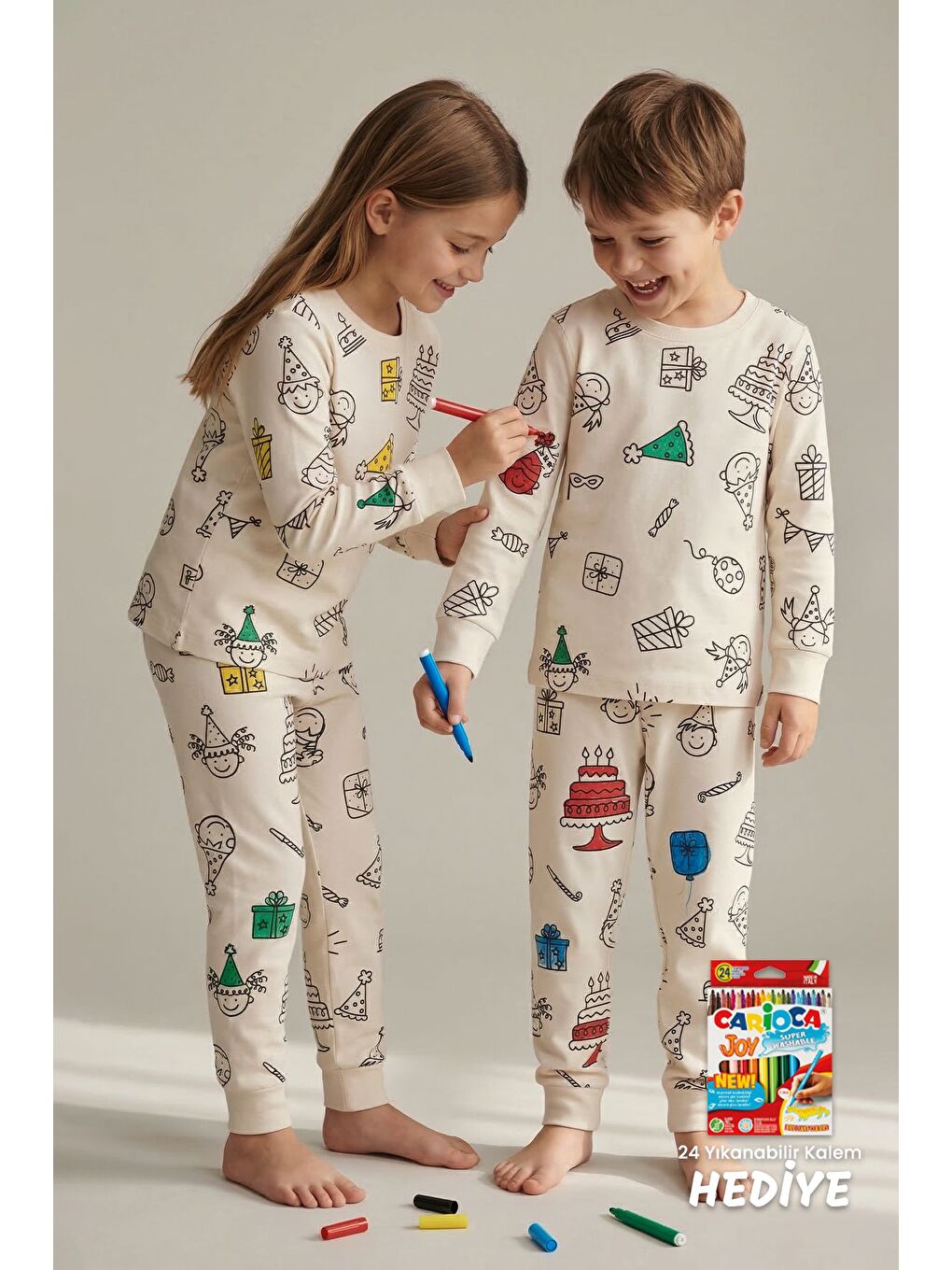 Ekru Boyanabilir Doğum Günü Temalı Çocuk Pijama Takımı – Yıkanabilir 24-Lü Kalem Hediyeli-5