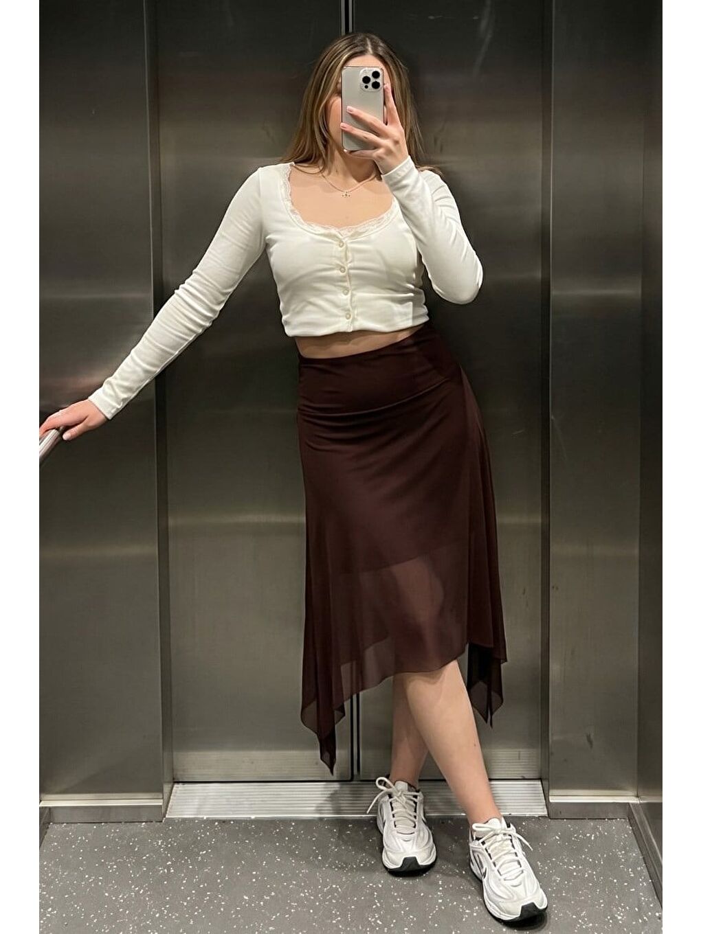 Kahverengi Şifon Asimetrik Kesim Midi Etek Mg2777