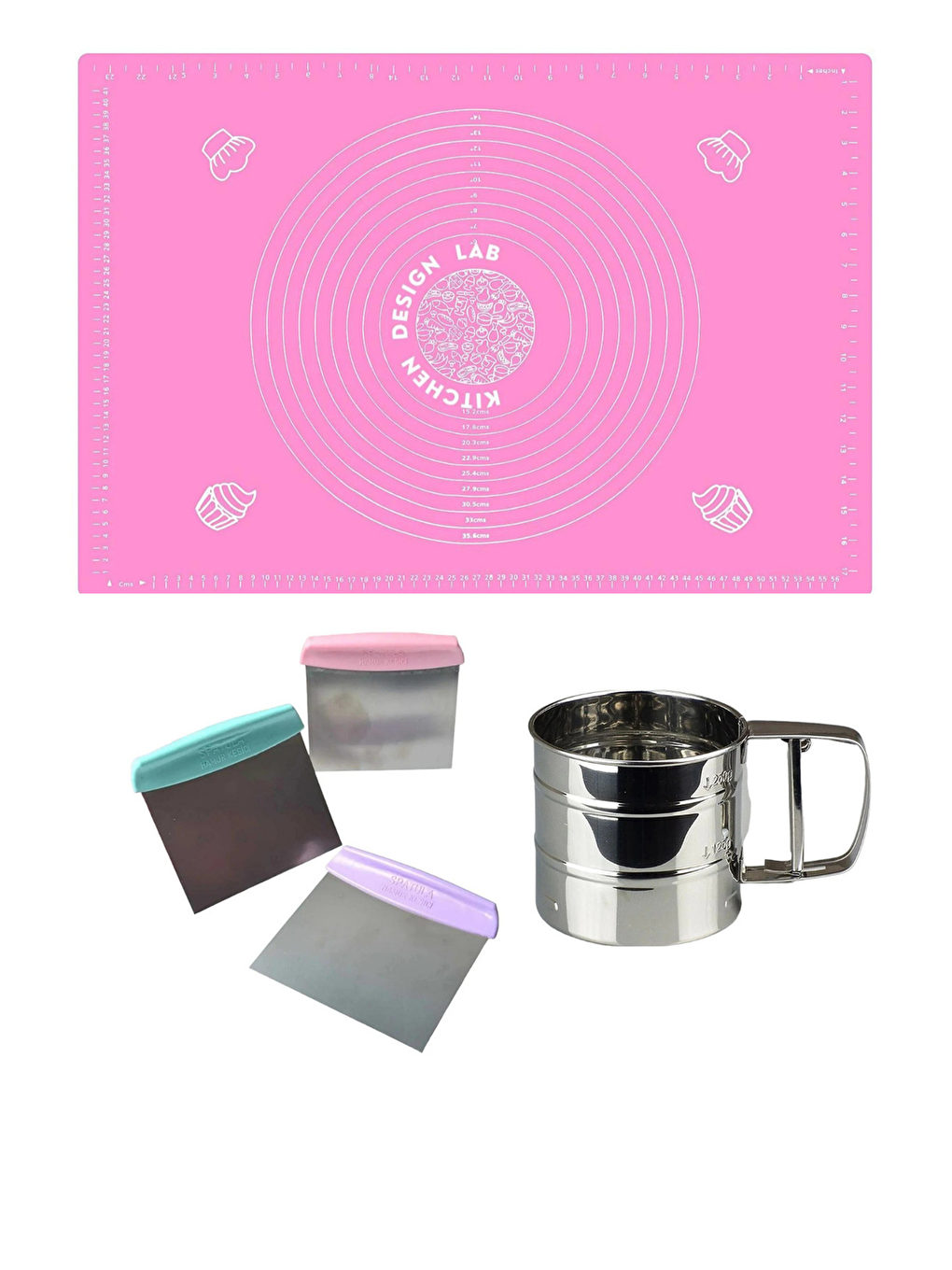 Gri Pembe Silikon Ölçülü  Hamur Açma Matı 45 cm x 65 cm Çelik Un Eleği ve Çelik Hamur Kesici