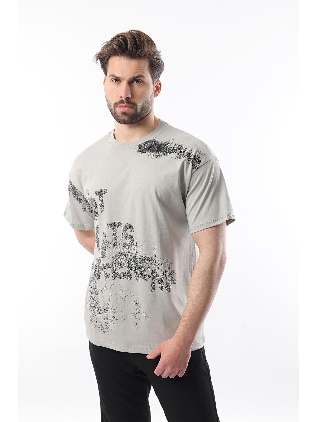 Boyalı Gri Baskılı Erkek Tişört E7115
