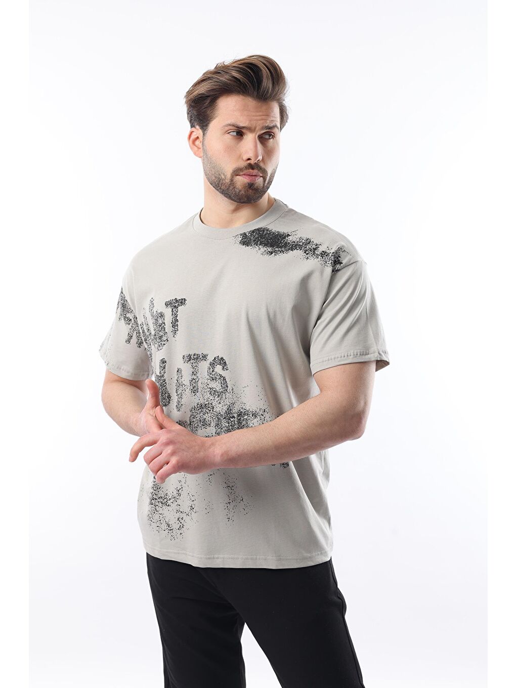 Boyalı Gri Baskılı Erkek Tişört E7115-1