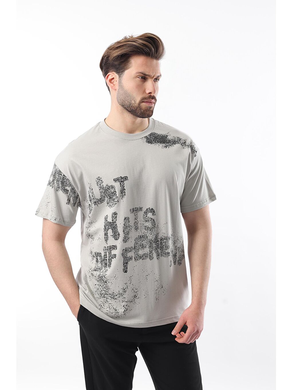 Boyalı Gri Baskılı Erkek Tişört E7115-2