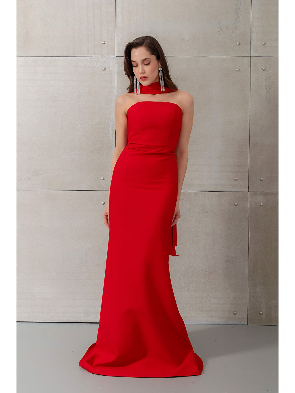 Kadın Kırmızı Dar Kalıp Şal Yaka Detay Uzun Abiye Elbise-1