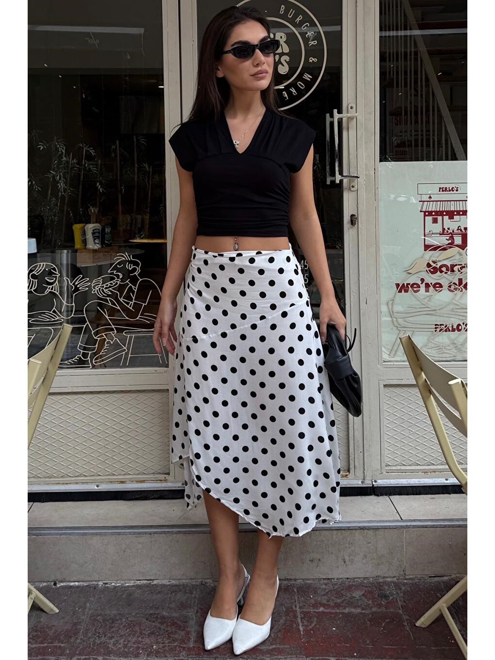 Beyaz Puantiyeli Asimetrik Kadın Etek Mg2698-3