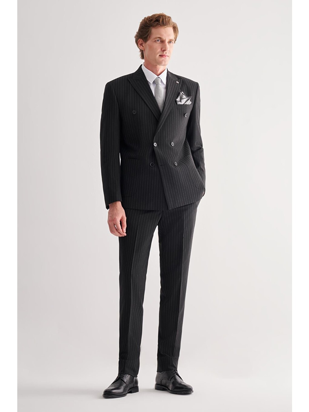 Siyah Kılıç Yaka Tam Astar 6 Drop Slim Fit Esnek Kruvaze  Takım Elbise 1001255154-1