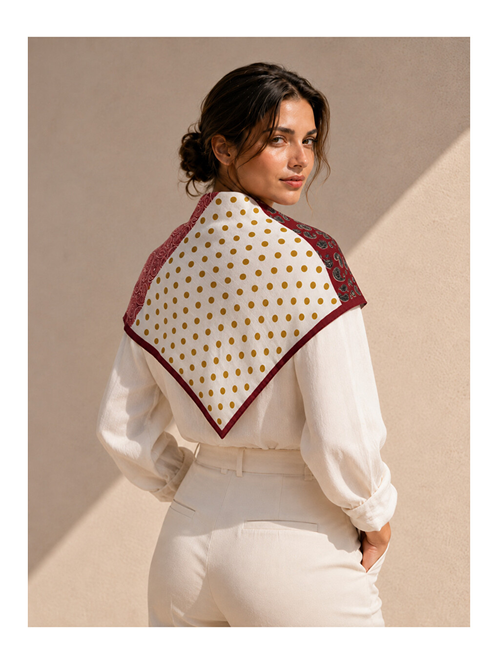 Haki Kadın Bordo Patchwork Şal Desenli Pamuk 70x70 Ithal Fular Flr6019-1