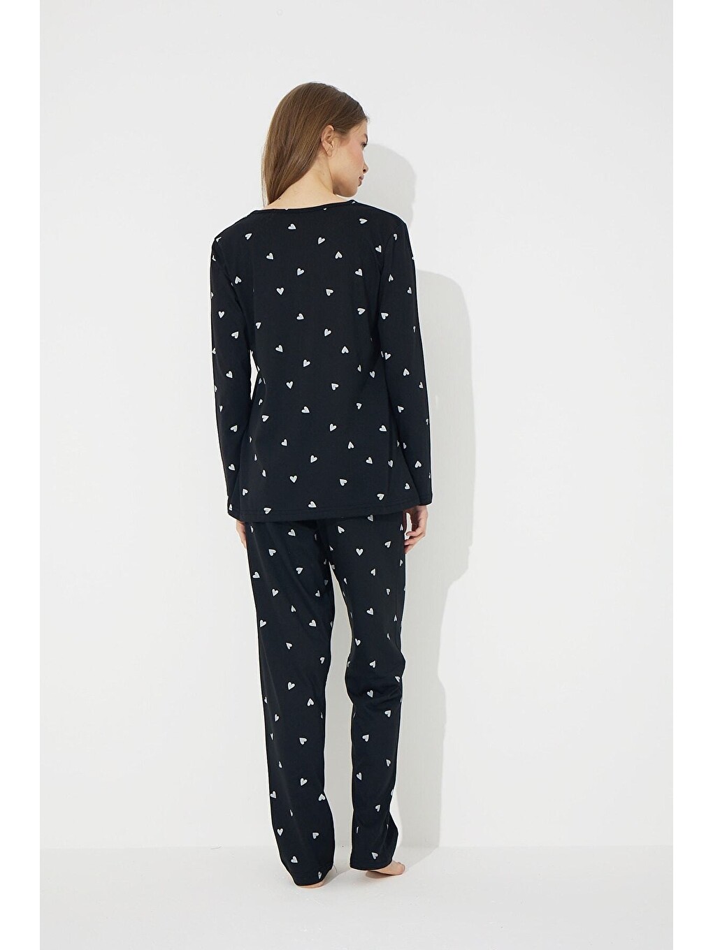 Karışık Siyah Beyaz Kalp Desenli Pamuklu Pijama Takımı-2