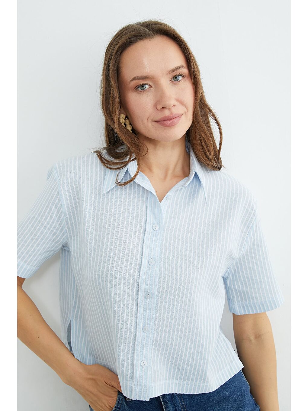 Mavi Çizgili Oversize Crop Gömlek-1