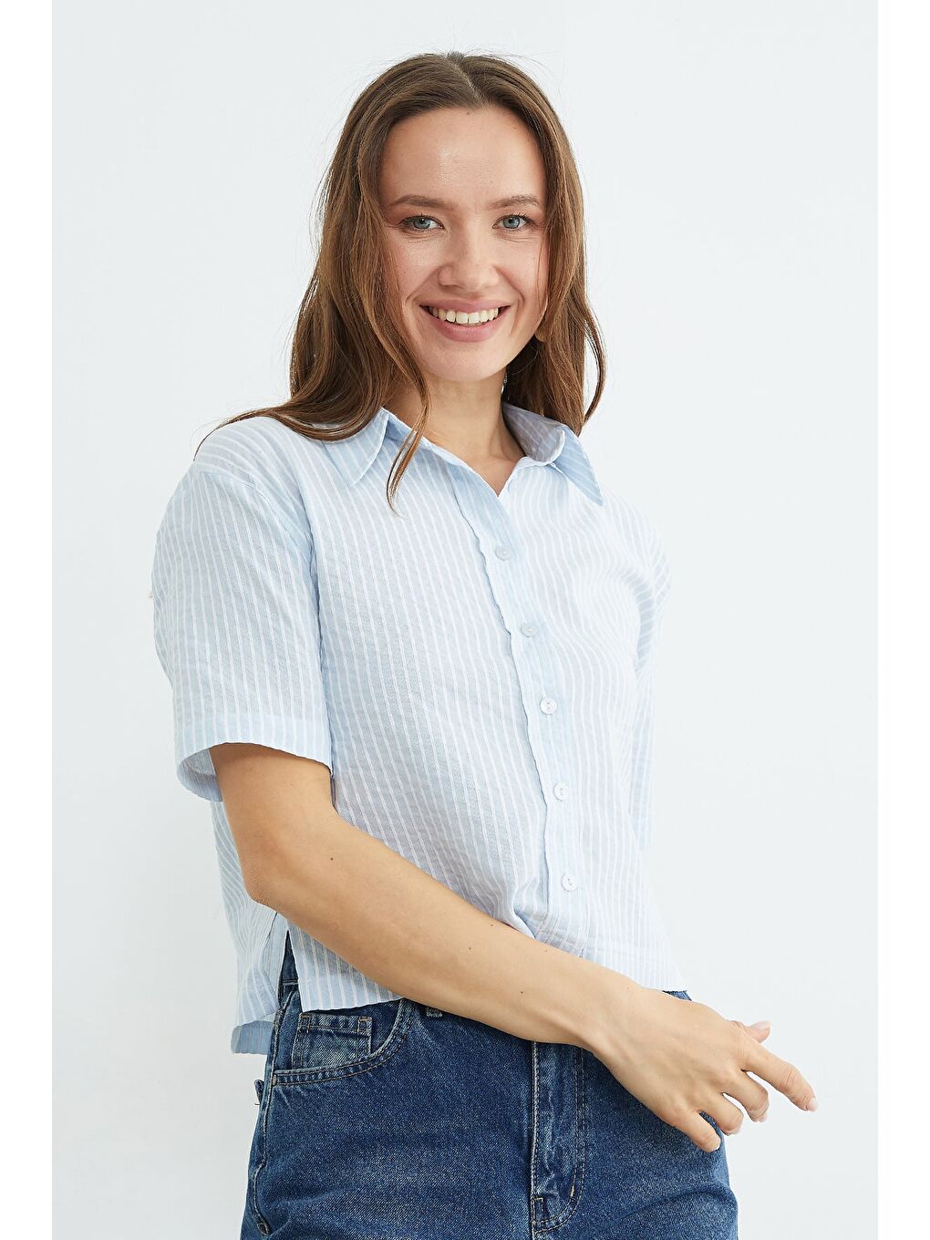 Mavi Çizgili Oversize Crop Gömlek-2