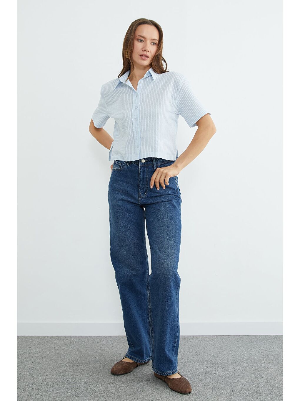 Mavi Çizgili Oversize Crop Gömlek-3