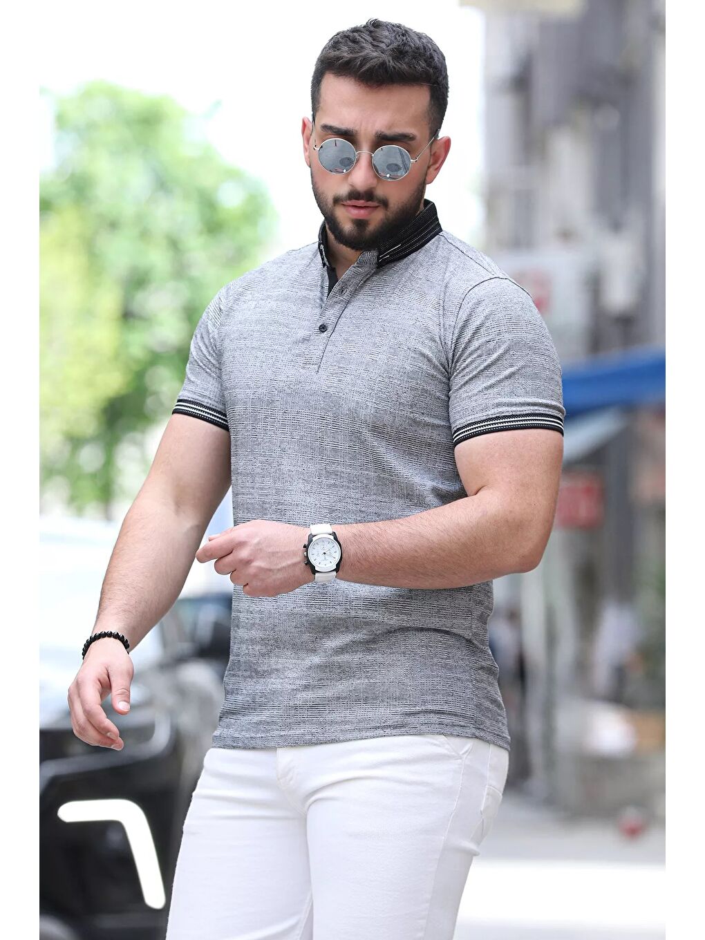 Siyah Polo Yaka Ön Düğmeli Desenli Elastanlı Erkek Tişört-1