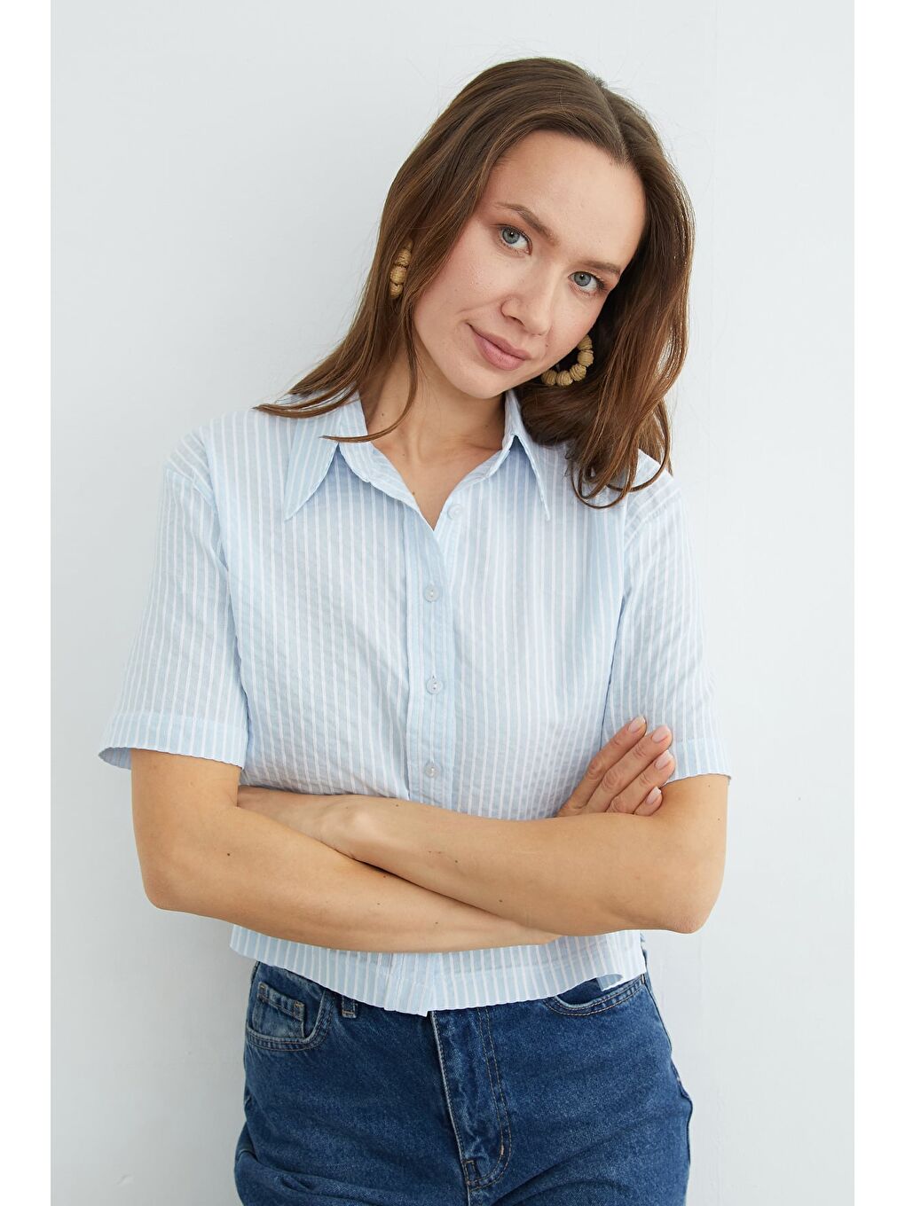 Mavi Çizgili Oversize Crop Gömlek-4