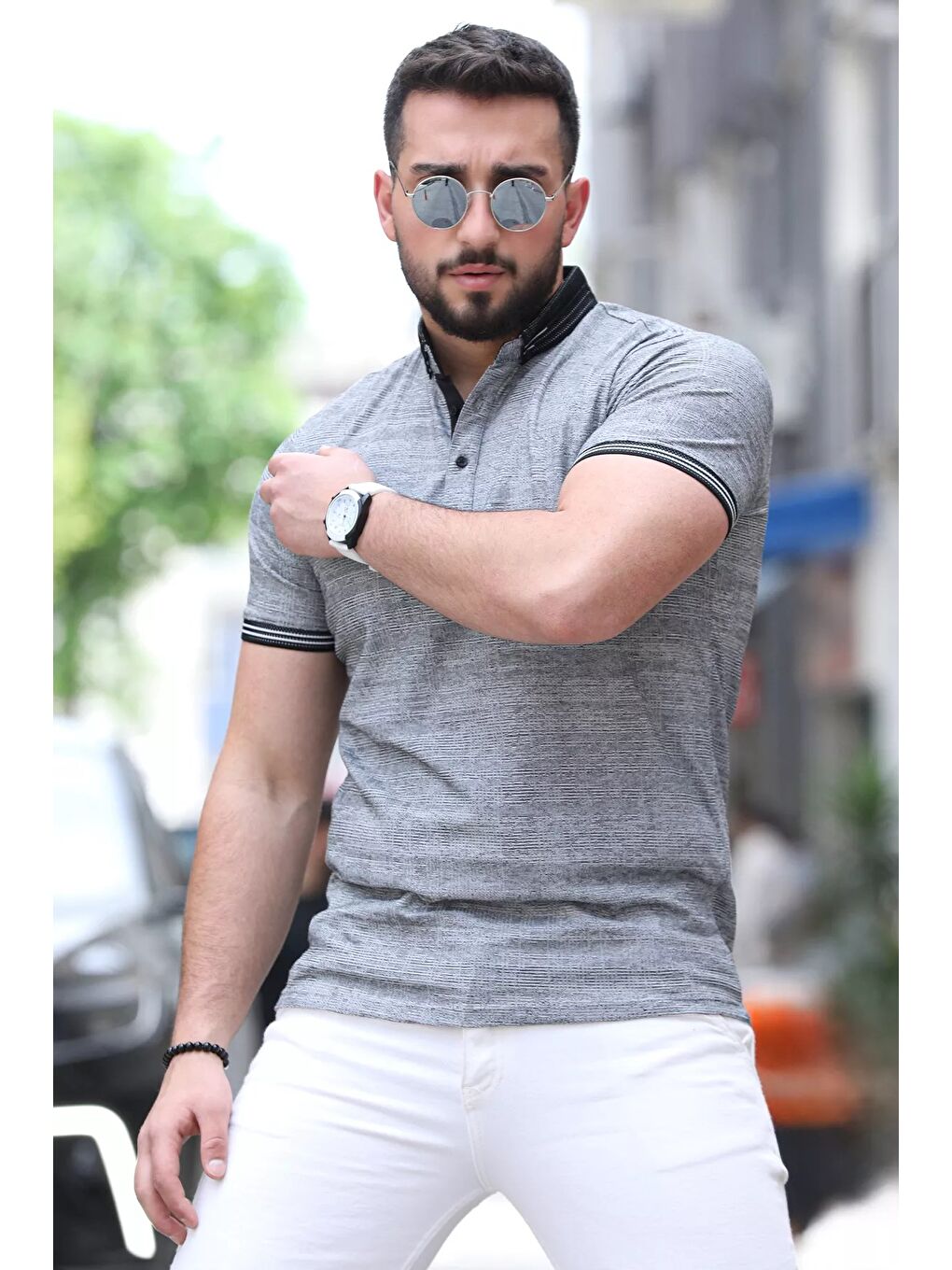 Siyah Polo Yaka Ön Düğmeli Desenli Elastanlı Erkek Tişört-2