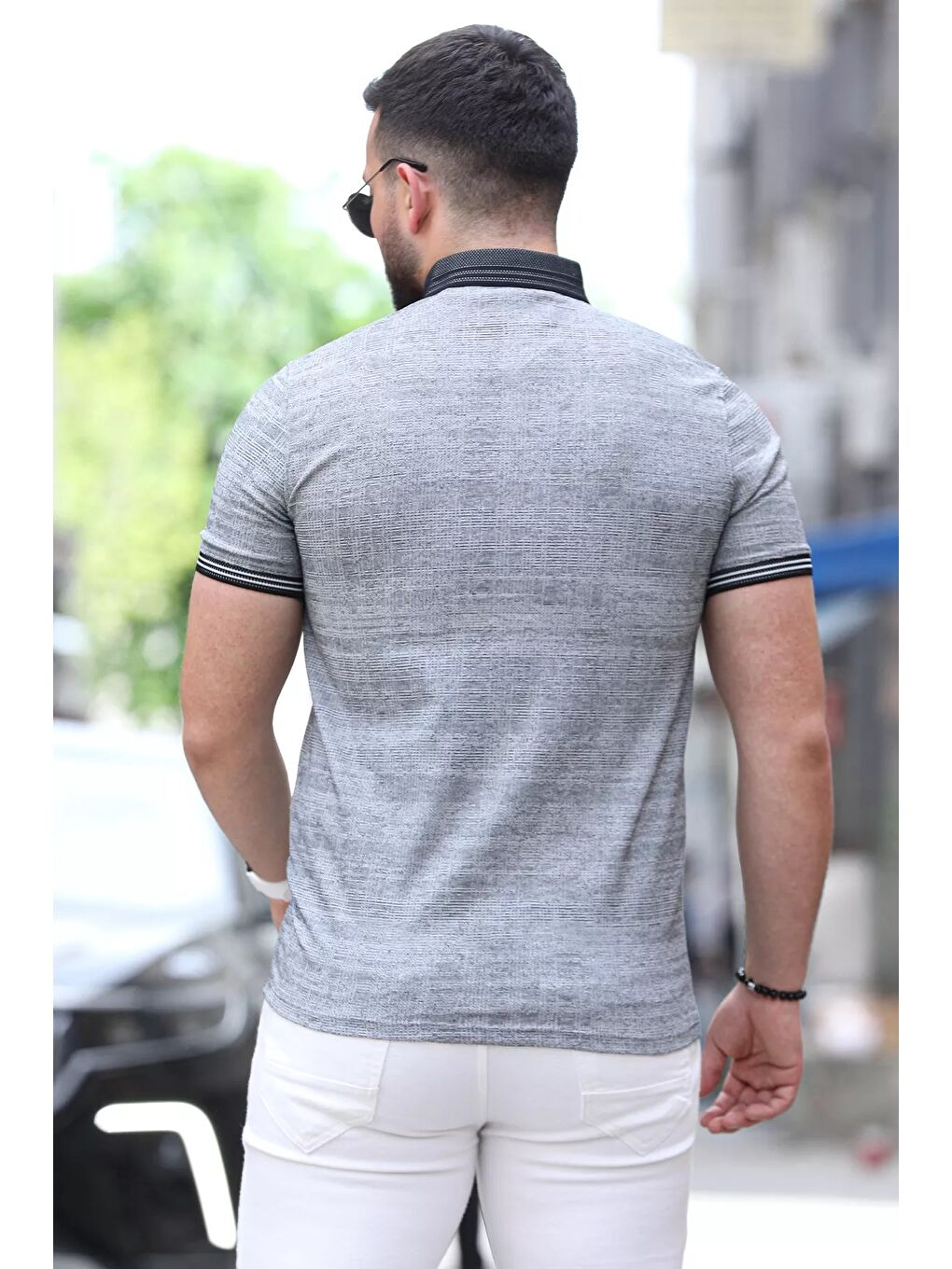 Siyah Polo Yaka Ön Düğmeli Desenli Elastanlı Erkek Tişört-3