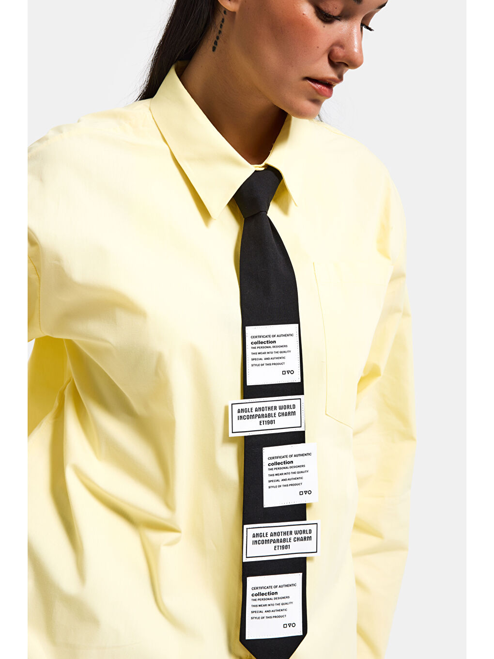 Kadın Sarı Renk Oversize Kravatlı Özel Tasarım Bol Kesim Gömlek-2