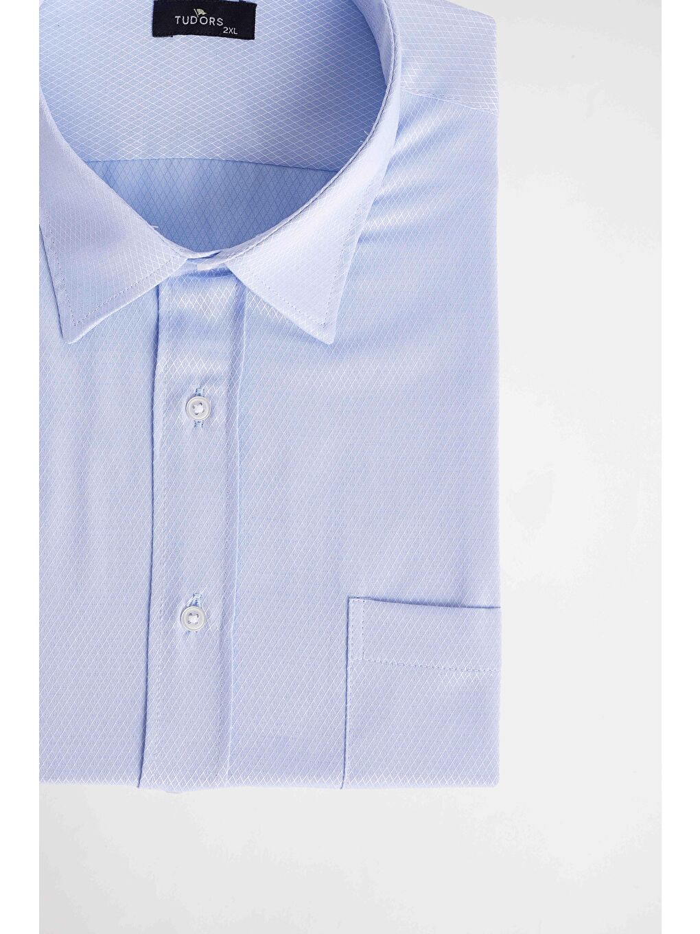 Erkek Big Size Büyük Beden Kısa Kollu Pamuklu Tek Cepli Armürlü Açık Mavi Gömlek-2