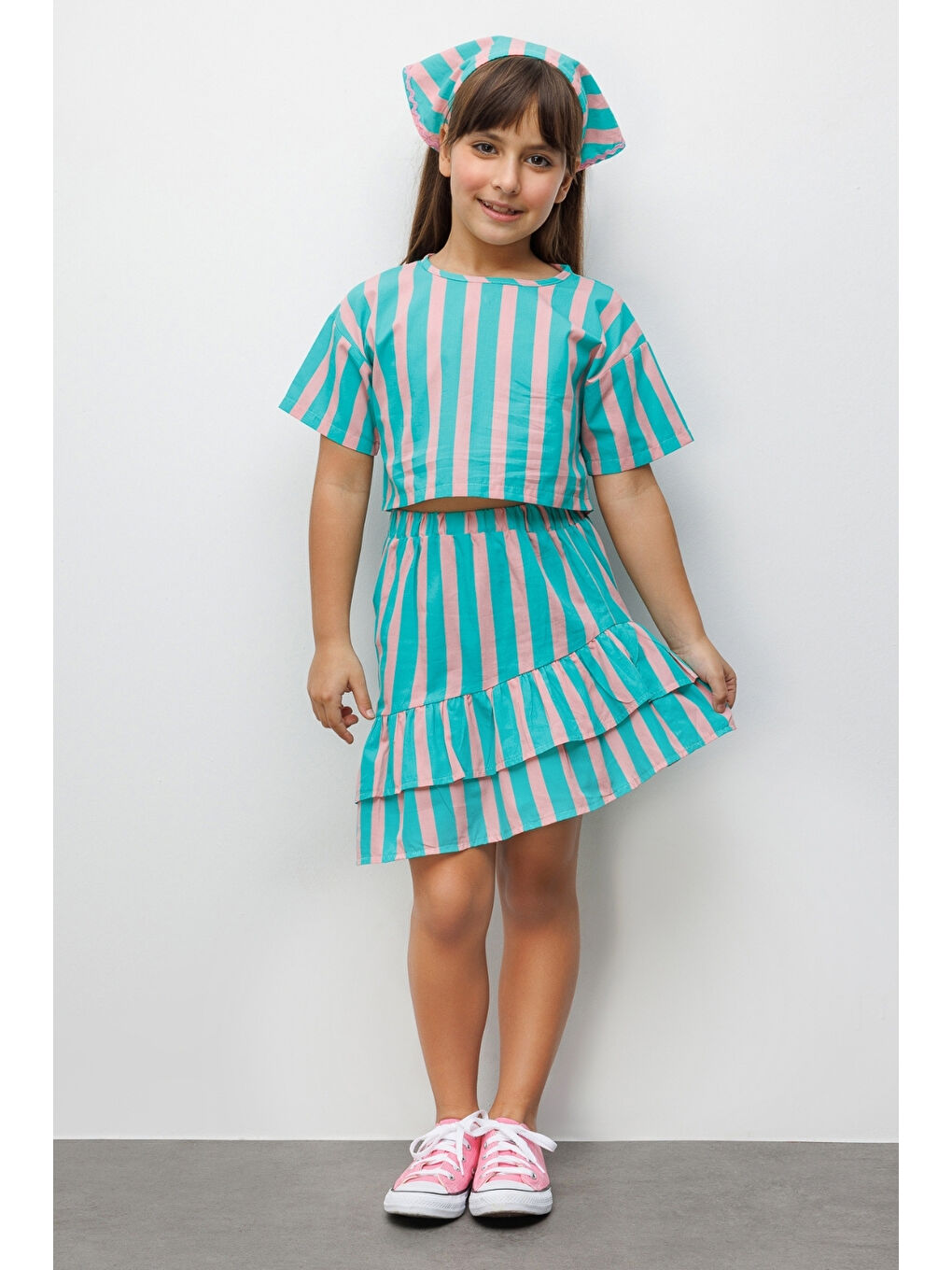 Yeşil Mint Çizgili Kız Çocuk Crop Etek İkili Takım - Cora
