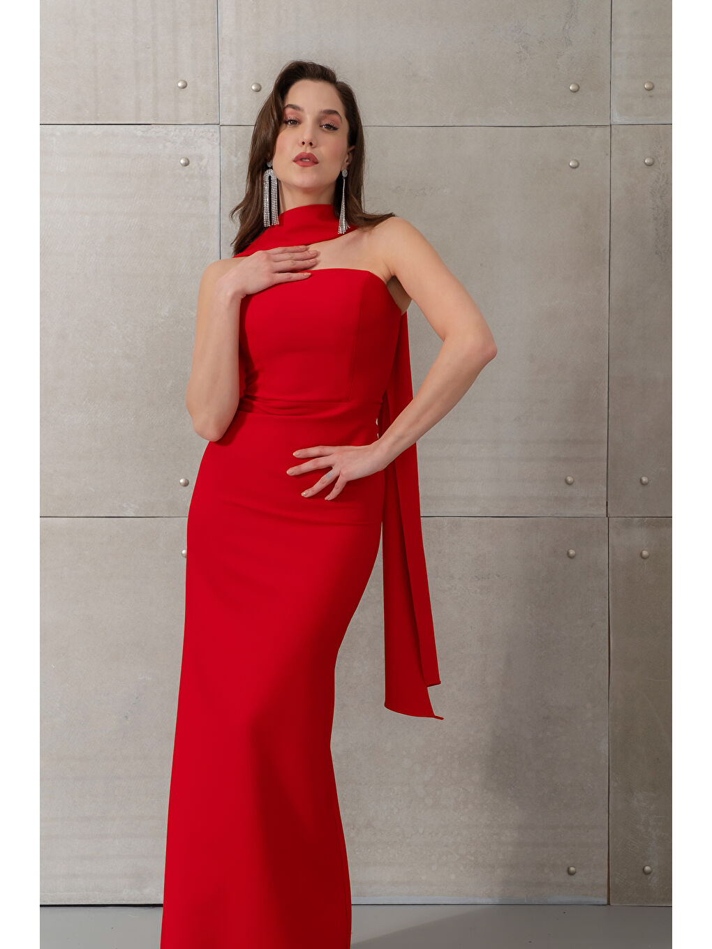 Kadın Kırmızı Dar Kalıp Şal Yaka Detay Uzun Abiye Elbise-2