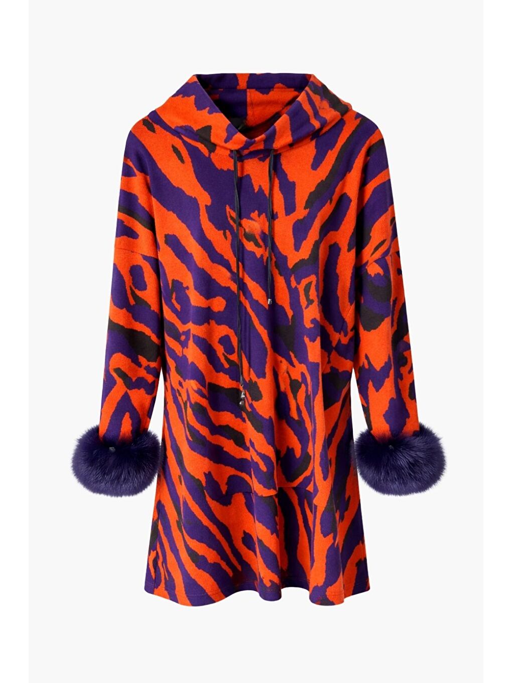 Karışık Nar Çiçeği Kolağzı Kürklü Kırmızı Mavi Desenli Uzun Triko Tunik