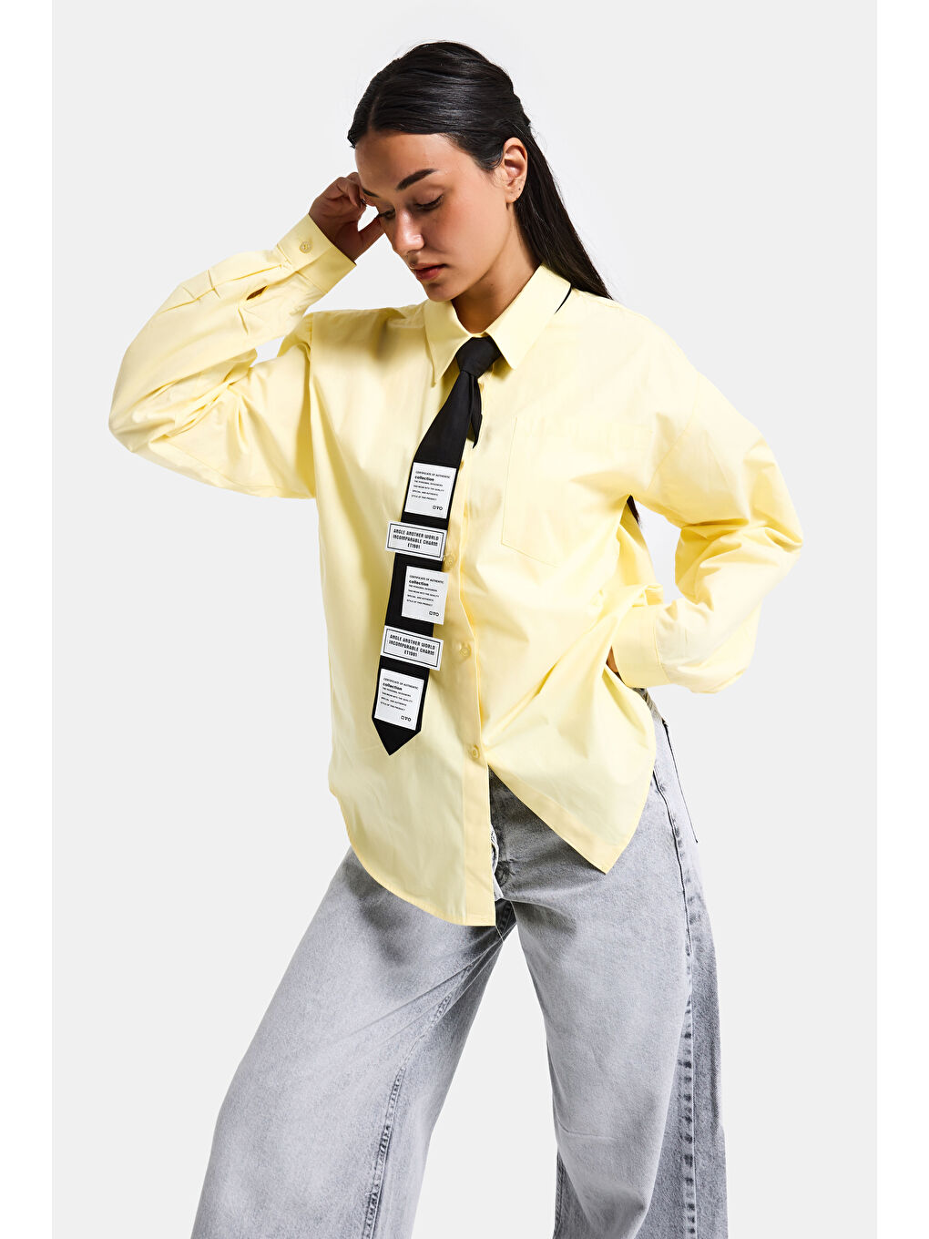 Kadın Sarı Renk Oversize Kravatlı Özel Tasarım Bol Kesim Gömlek-5