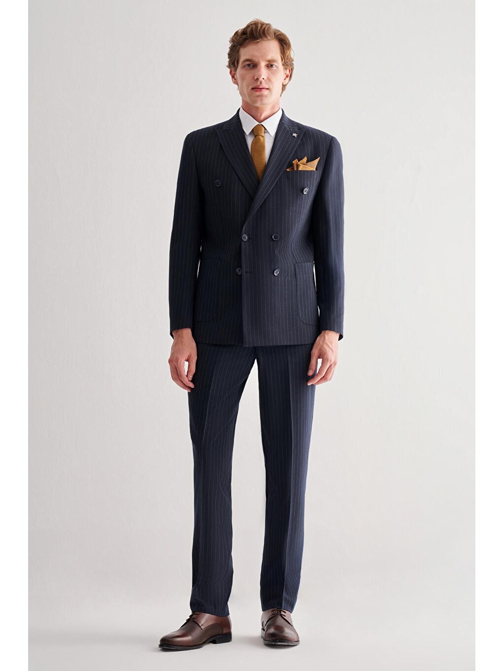 Koyu Lacivert Kılıç Yaka Tam Astar 6 Drop Slim Fit Esnek Kruvaze  Takım Elbise 1001255154-1