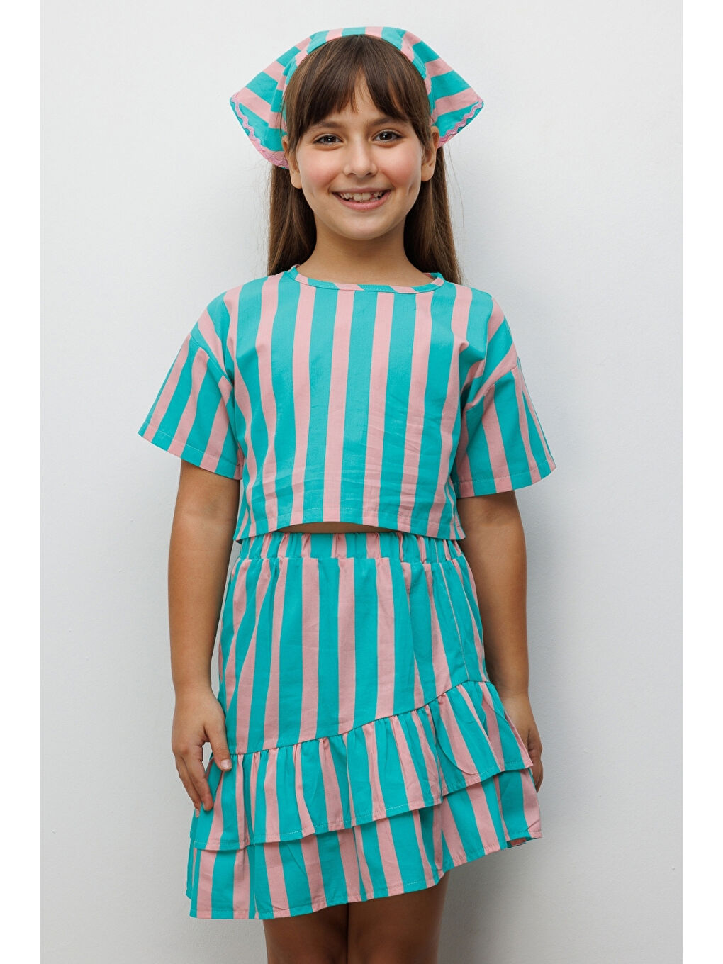 Yeşil Mint Çizgili Kız Çocuk Crop Etek İkili Takım - Cora-1