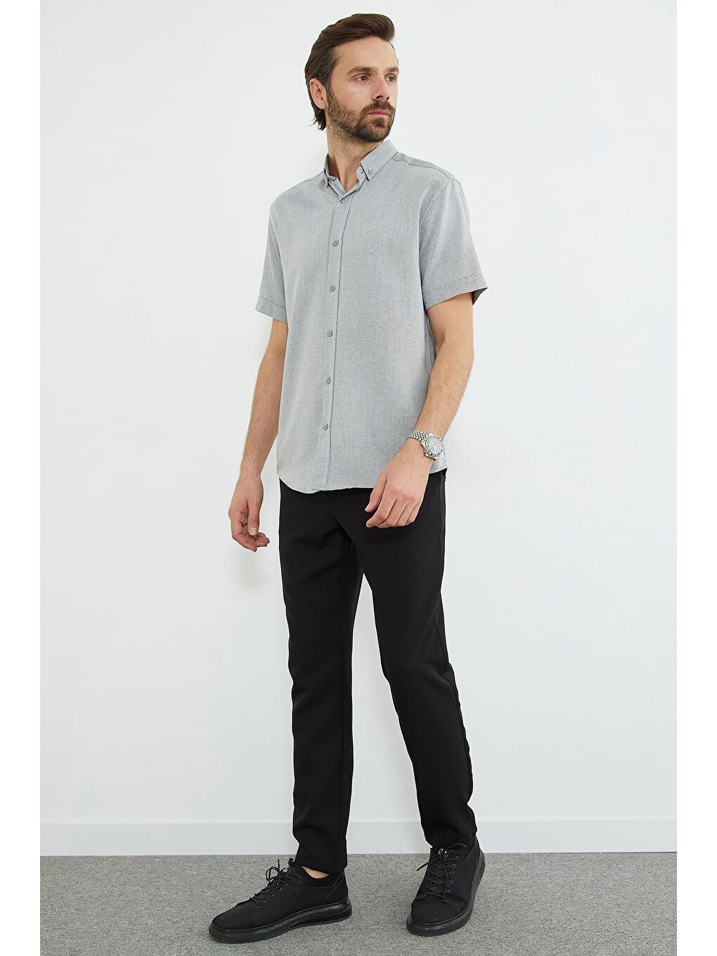 Gri Çizgili Kısa Kollu Gömlek-2