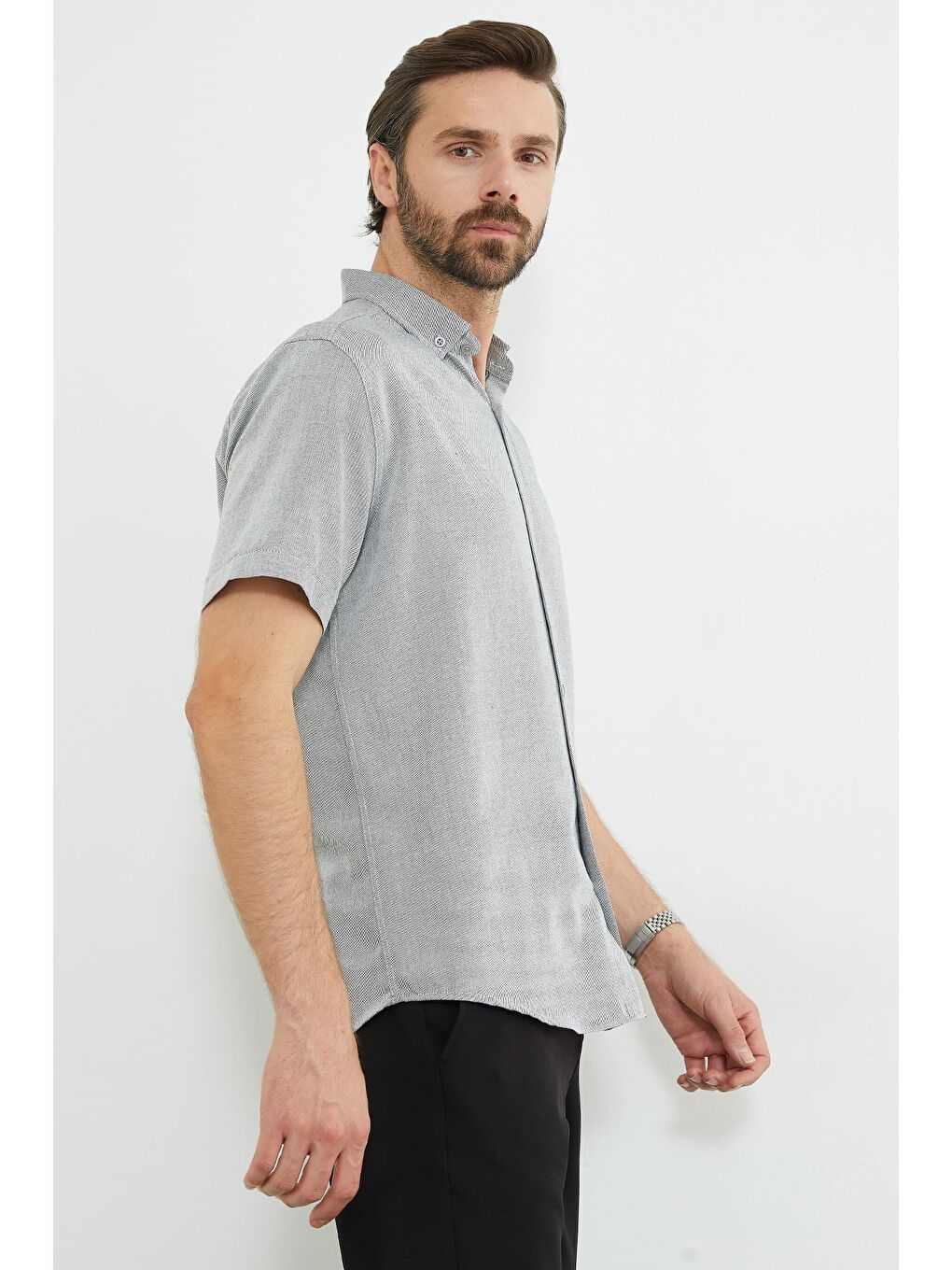 Gri Çizgili Kısa Kollu Gömlek-4