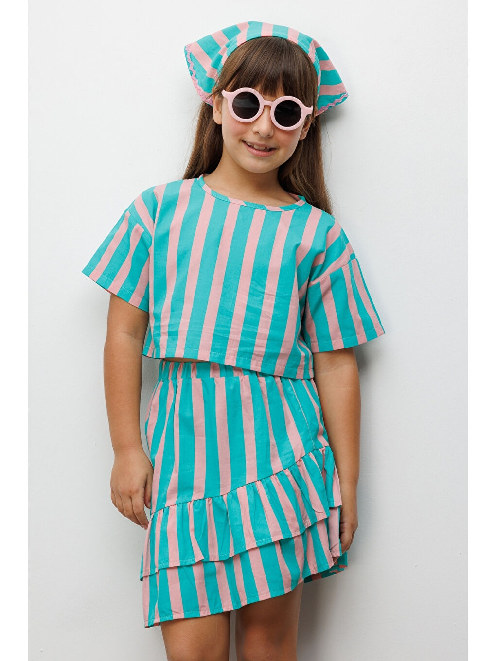 Yeşil Mint Çizgili Kız Çocuk Crop Etek İkili Takım - Cora-2