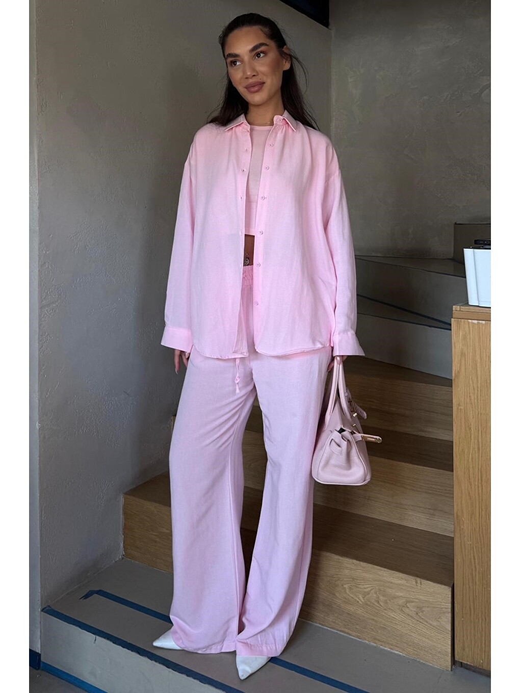 Pembe Keten Kadın Gömlek Pantolon İkili Takım Mg2356