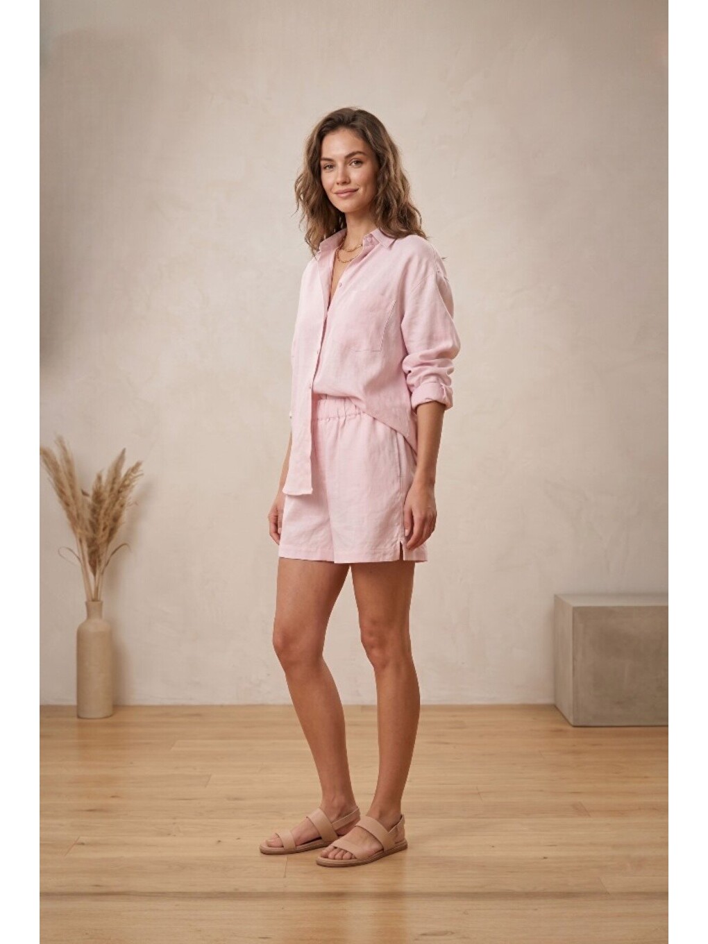 Pembe Manhattan %100 Pamuk Poplin Yüksek Bel Bermuda Şort-2
