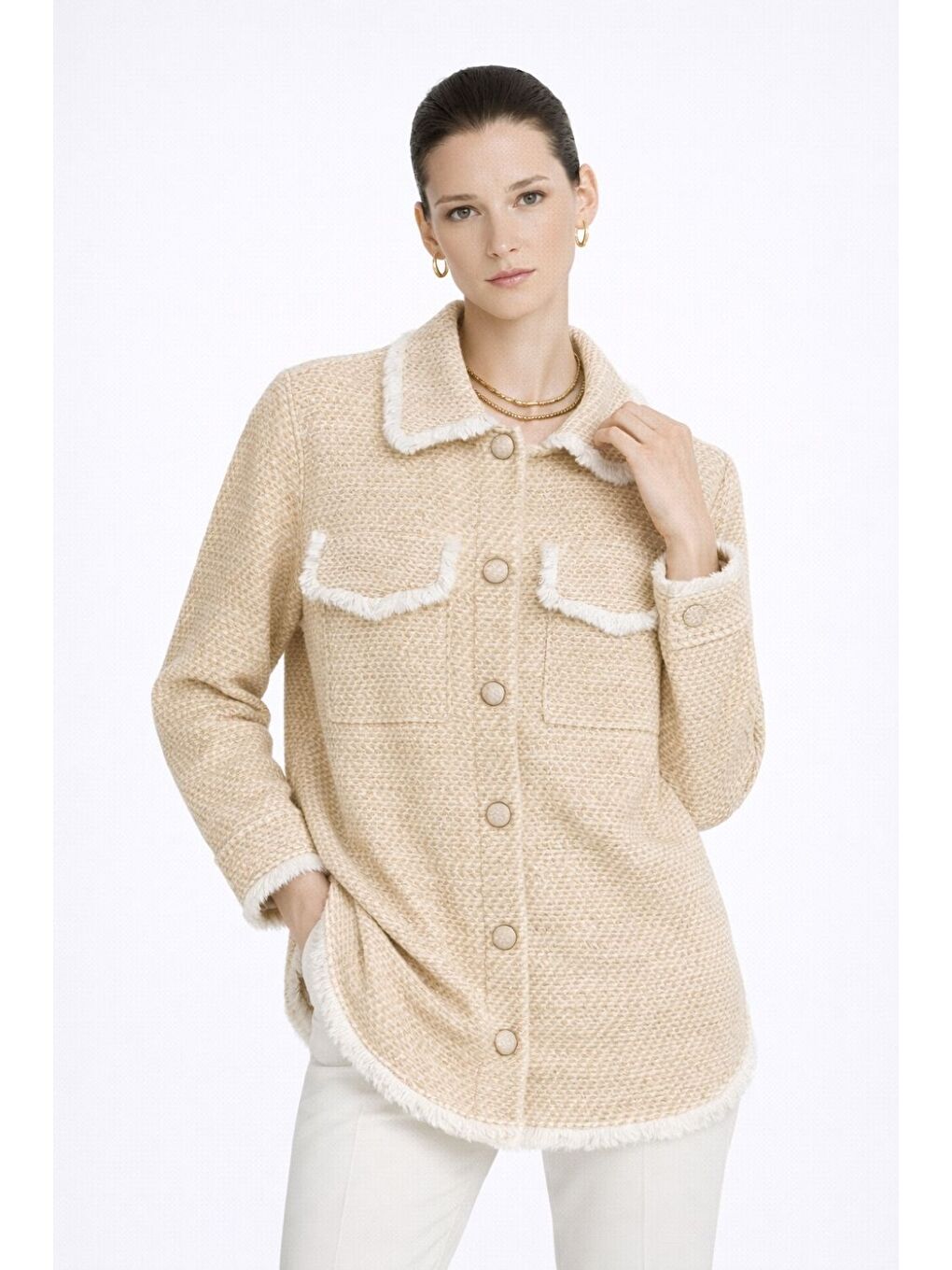 Püsküllü Bej Beyaz Tüvit Dokuma Tunik-1