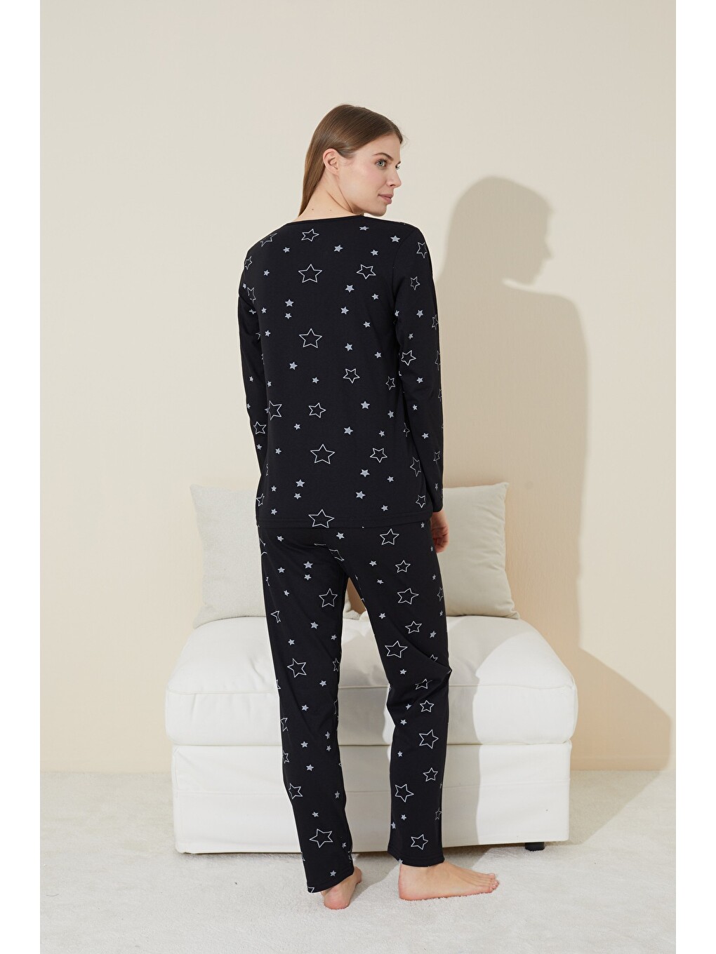 Karışık Siyah Yıldız Desenli Pamuklu Pijama Takımı-2