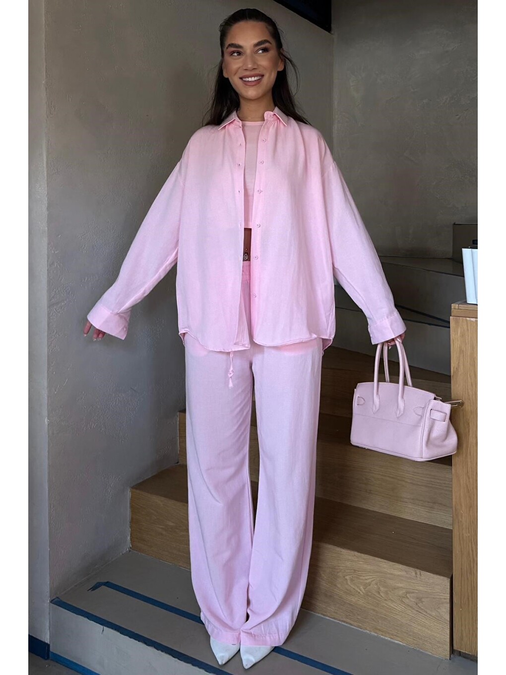 Pembe Keten Kadın Gömlek Pantolon İkili Takım Mg2356-1
