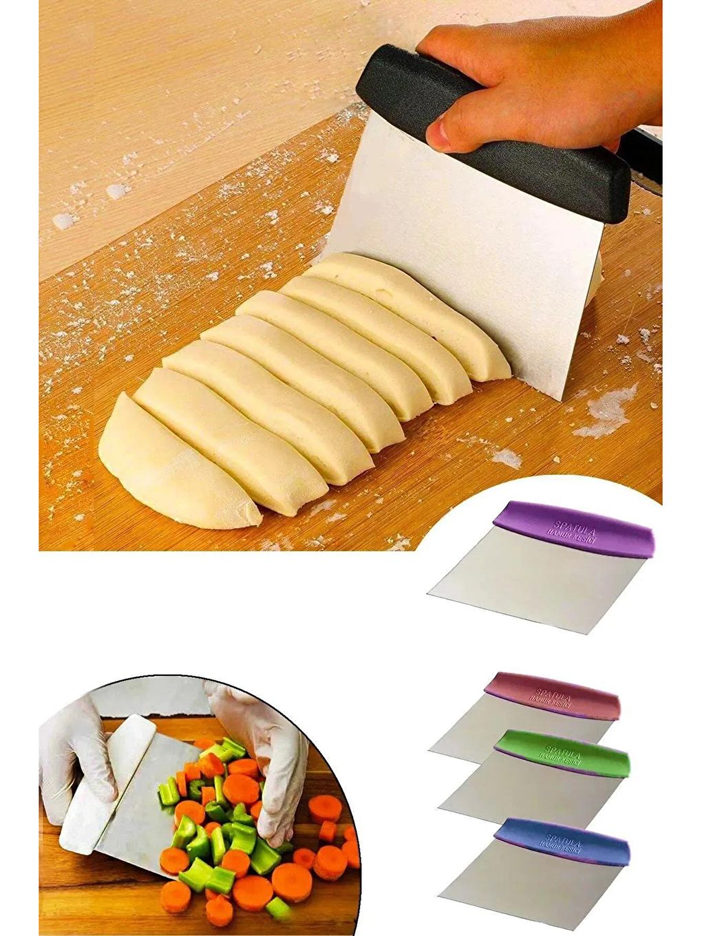 Gri Pembe Silikon Ölçülü  Hamur Açma Matı 45 cm x 65 cm Çelik Un Eleği ve Çelik Hamur Kesici-4