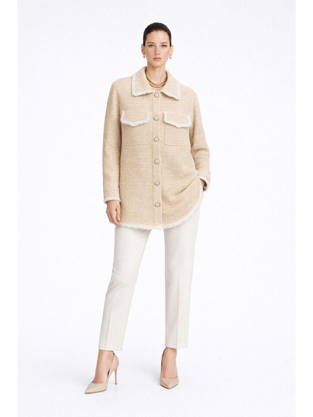 Püsküllü Bej Beyaz Tüvit Dokuma Tunik-2