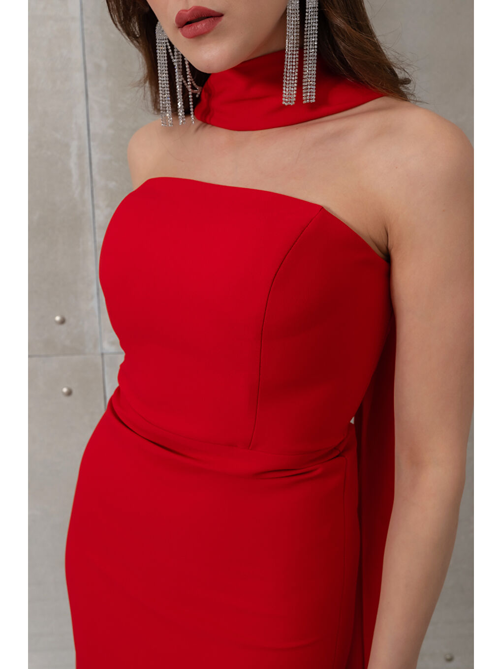 Kadın Kırmızı Dar Kalıp Şal Yaka Detay Uzun Abiye Elbise-3
