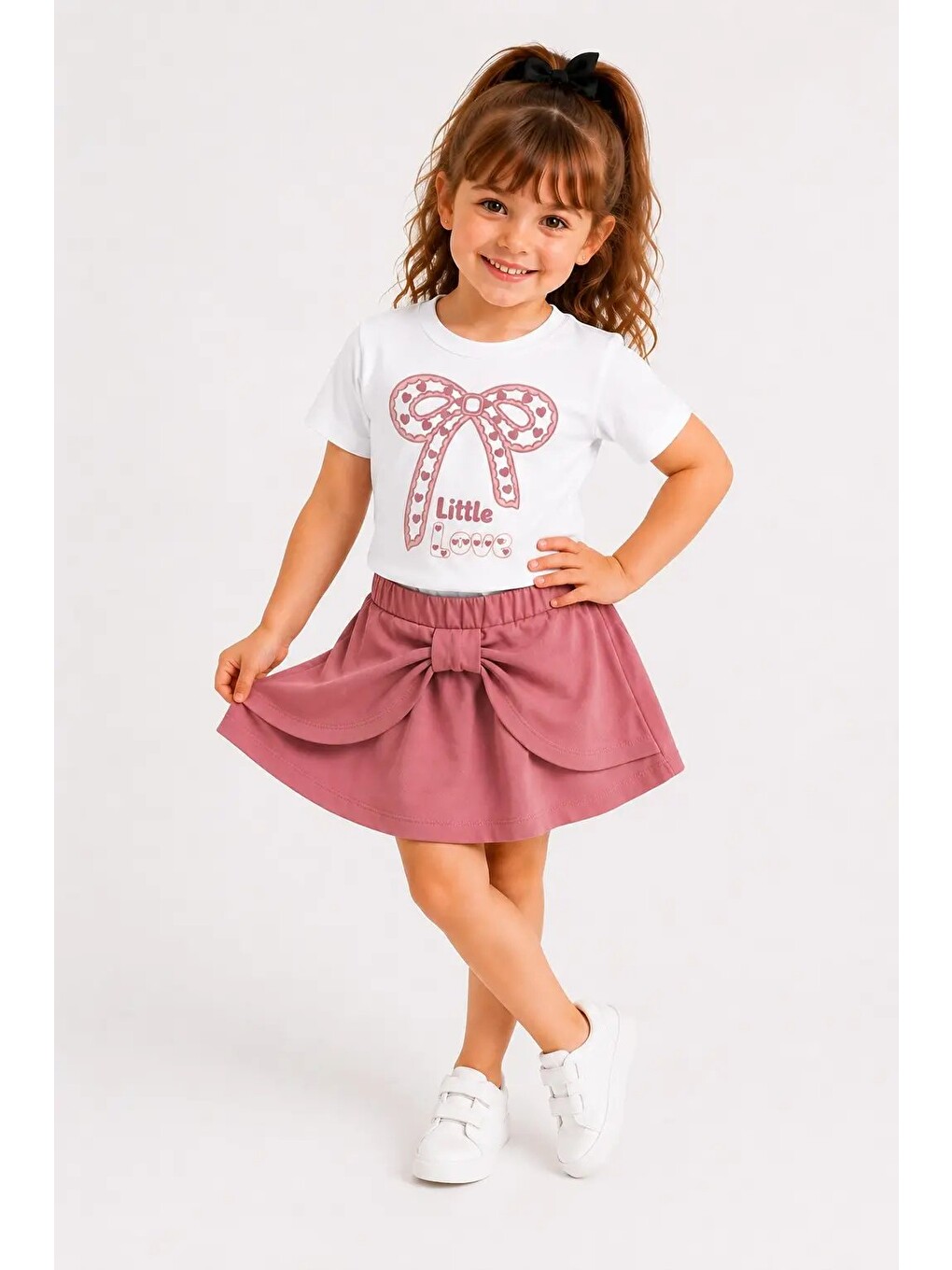 Pembe Little Love Baskılı Şort Etekli Kız Çocuk Takım 30473