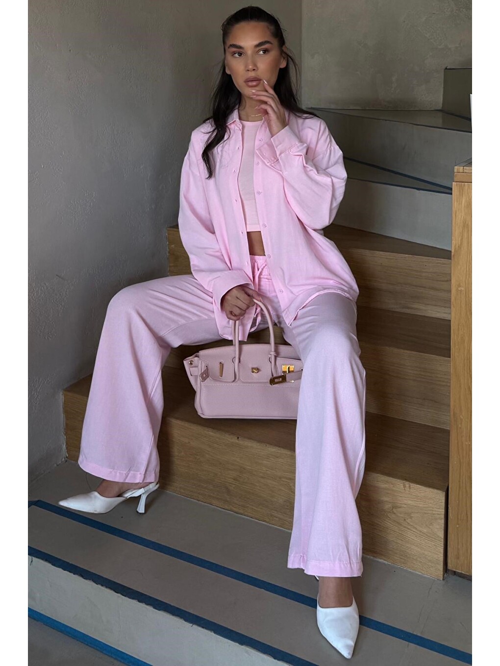 Pembe Keten Kadın Gömlek Pantolon İkili Takım Mg2356-2